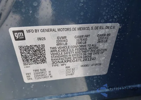 2026 Chevrolet Equinox Awd Lt из США, поврежденный, VIN 3GNAXPEG4TL281247